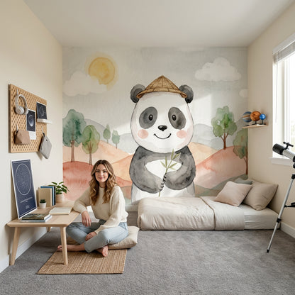 Şapkalı Panda Poster Duvar Kağıdı Pastel Çocuk Odası