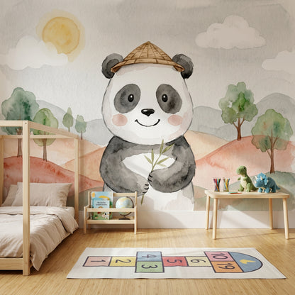 Şapkalı Panda Poster Duvar Kağıdı Pastel Çocuk Odası