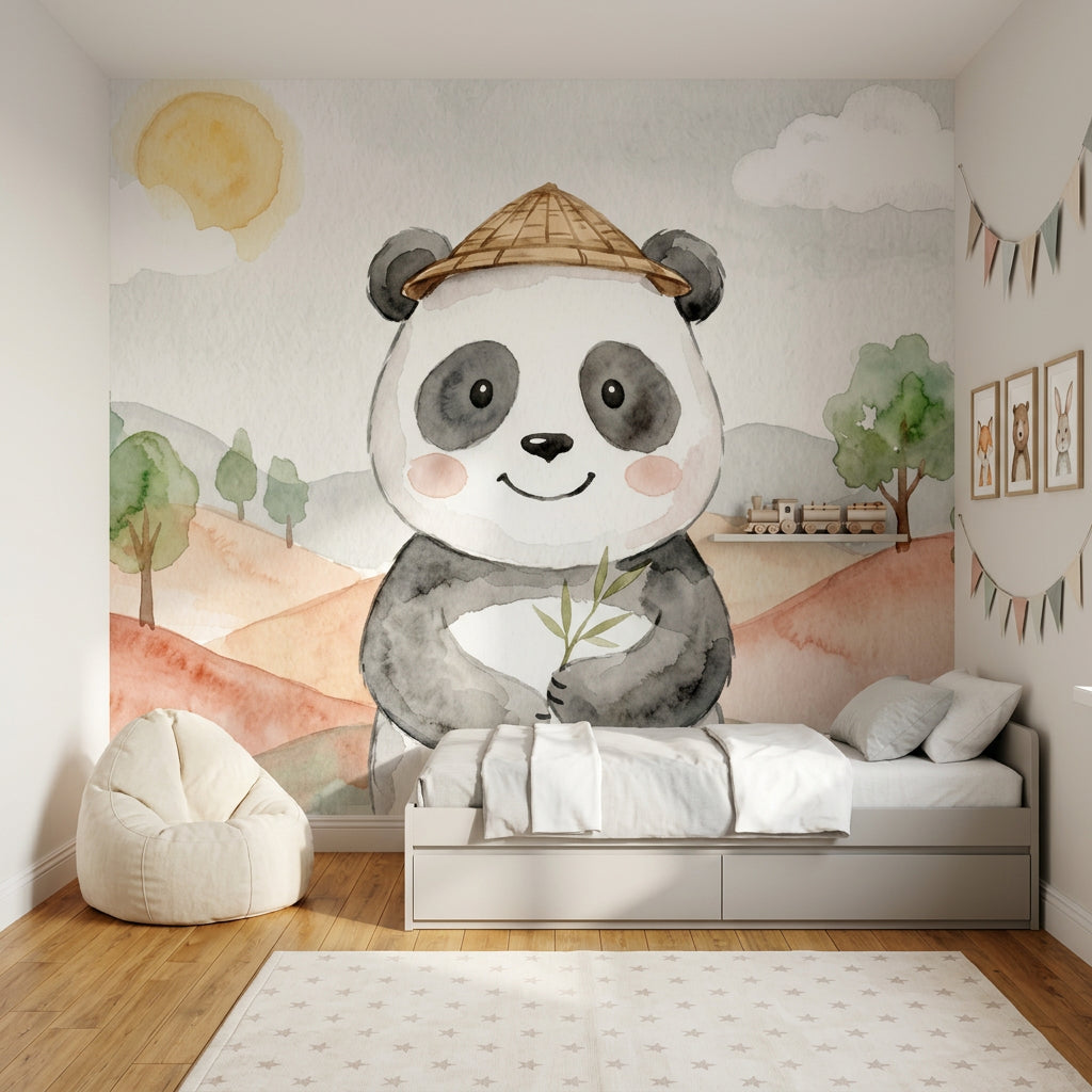 Şapkalı Panda Poster Duvar Kağıdı Pastel Çocuk Odası