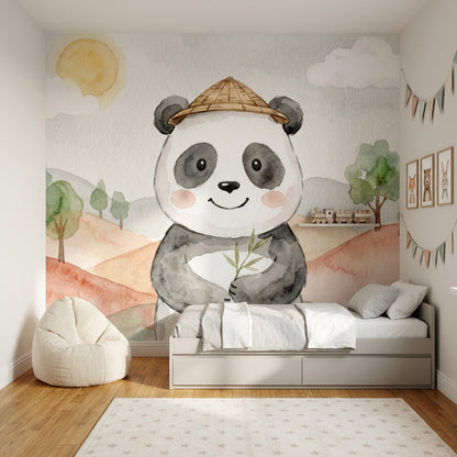 Şapkalı Panda Poster Duvar Kağıdı Pastel Çocuk Odası