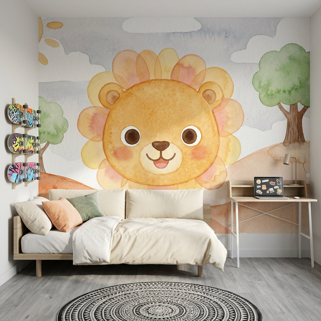 Sevimli Aslanlı Poster Duvar Kağıdı Sulu Boya Bebek Odası