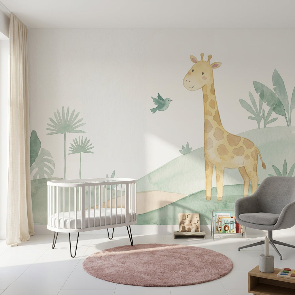 Zürafalı Poster Duvar Kağıdı Pastel Yeşil Bebek Odası