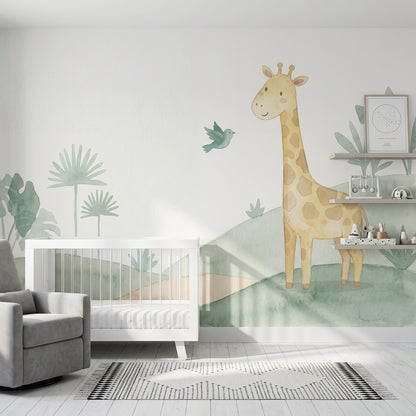 Zürafalı Poster Duvar Kağıdı Pastel Yeşil Bebek Odası