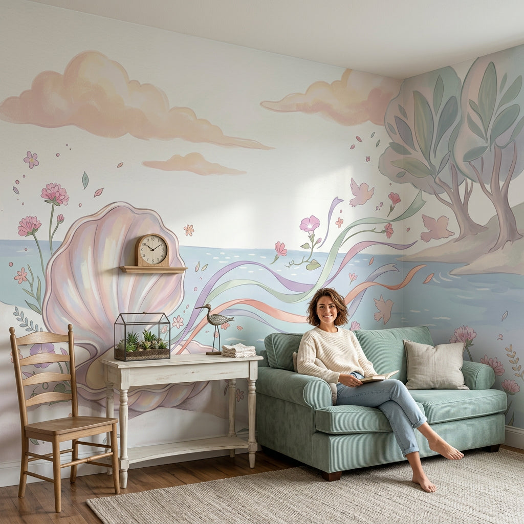 Deniz Kabuğu ve Deniz Manzaralı Poster Duvar Kağıdı Pastel