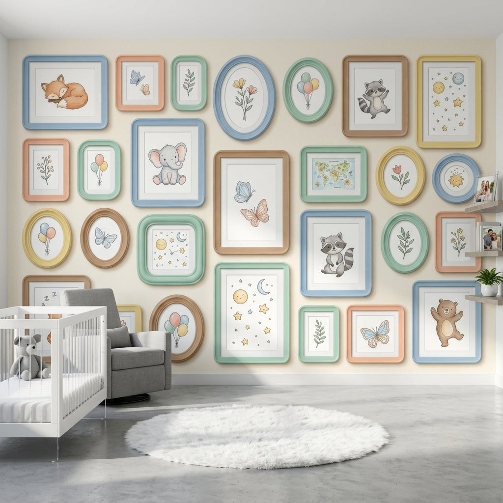 Pastel Çerçeveli Hayvanlı Poster Duvar Kağıdı Bebek Odası