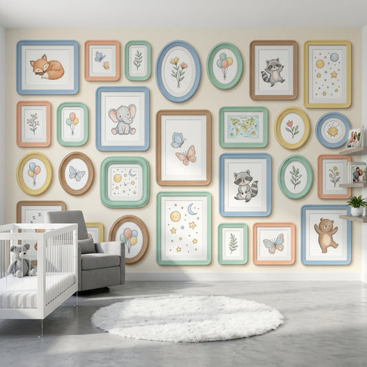 Pastel Çerçeveli Hayvanlı Poster Duvar Kağıdı Bebek Odası