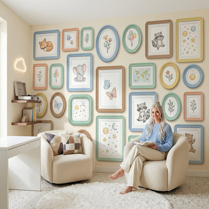 Pastel Çerçeveli Hayvanlı Poster Duvar Kağıdı Bebek Odası