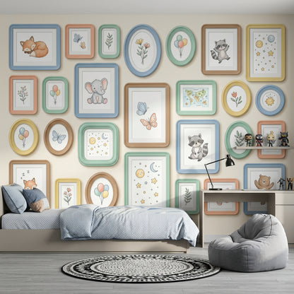 Pastel Çerçeveli Hayvanlı Poster Duvar Kağıdı Bebek Odası