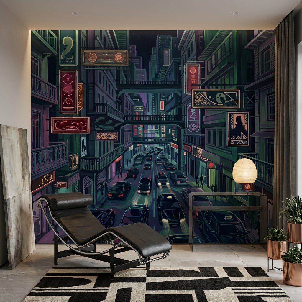 Neon Şehir Manzaralı Poster Duvar Kağıdı Koyu Ton Salon