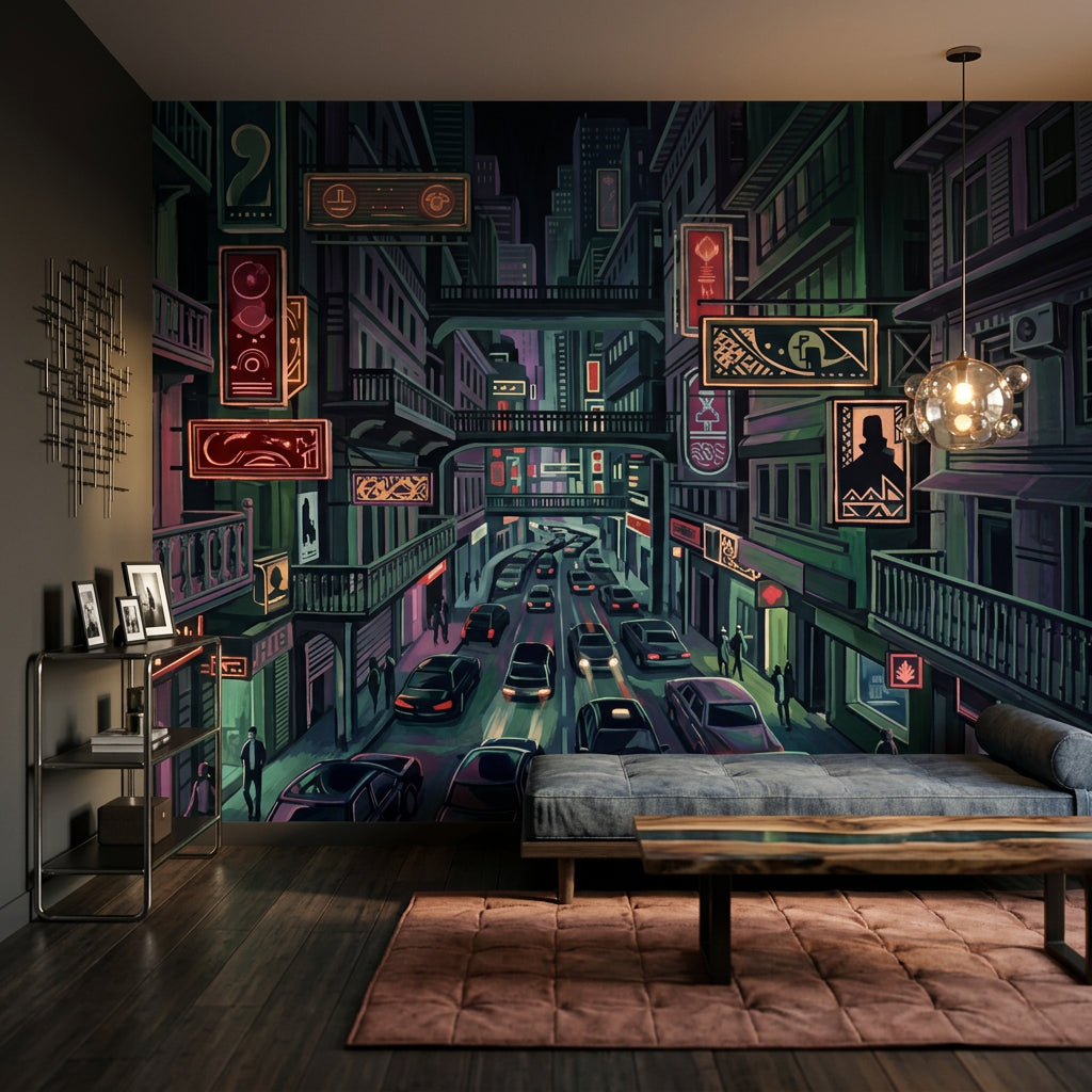 Neon Şehir Manzaralı Poster Duvar Kağıdı Koyu Ton Salon