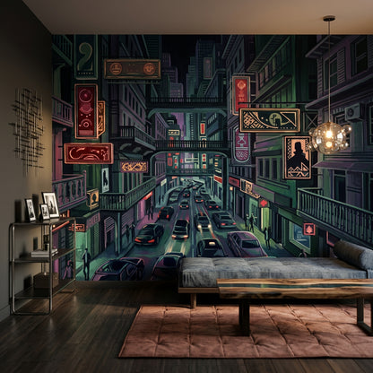 Neon Şehir Manzaralı Poster Duvar Kağıdı Koyu Ton Salon