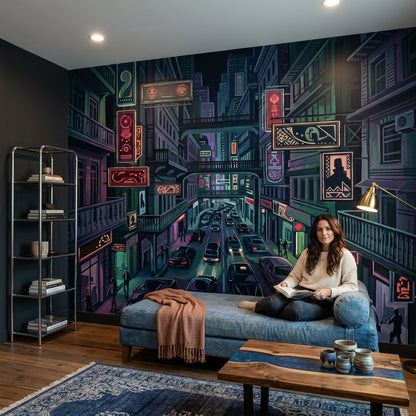 Neon Şehir Manzaralı Poster Duvar Kağıdı Koyu Ton Salon