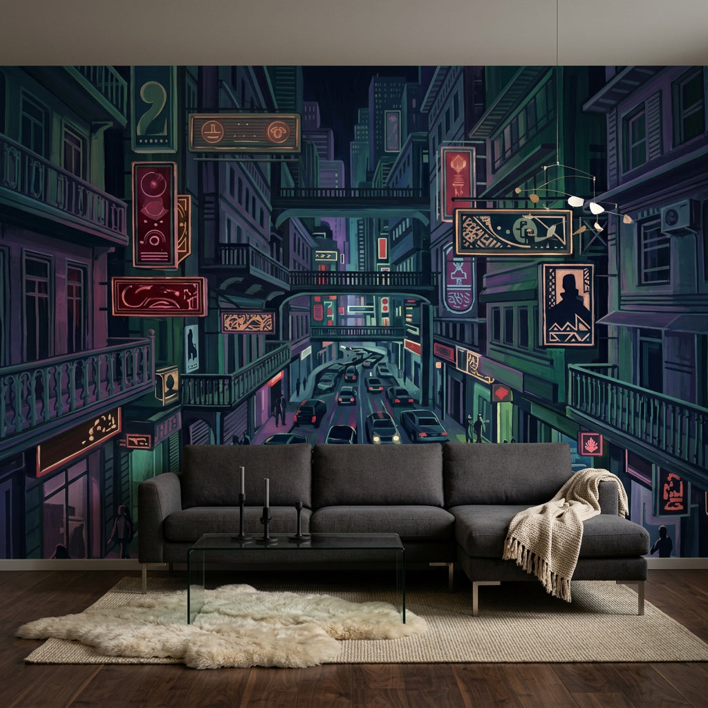 Neon Şehir Manzaralı Poster Duvar Kağıdı Koyu Ton Salon