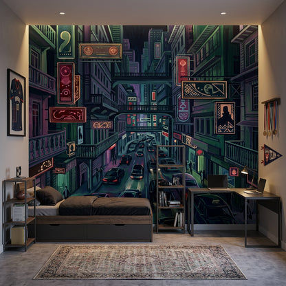Neon Şehir Manzaralı Poster Duvar Kağıdı Koyu Ton Salon