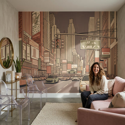 Çizgisel Şehir Manzaralı Poster Duvar Kağıdı Bej Kahve Salon