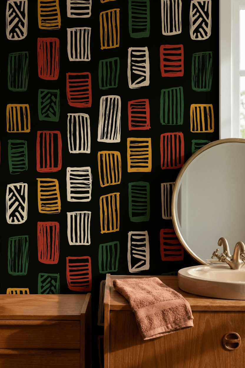 Renkli Geometrik Desenli Duvar Kağıdı Siyah Zemin Modern Salon