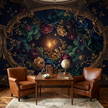 Barok Çiçekli Poster Duvar Kağıdı Lacivert Altın Salon
