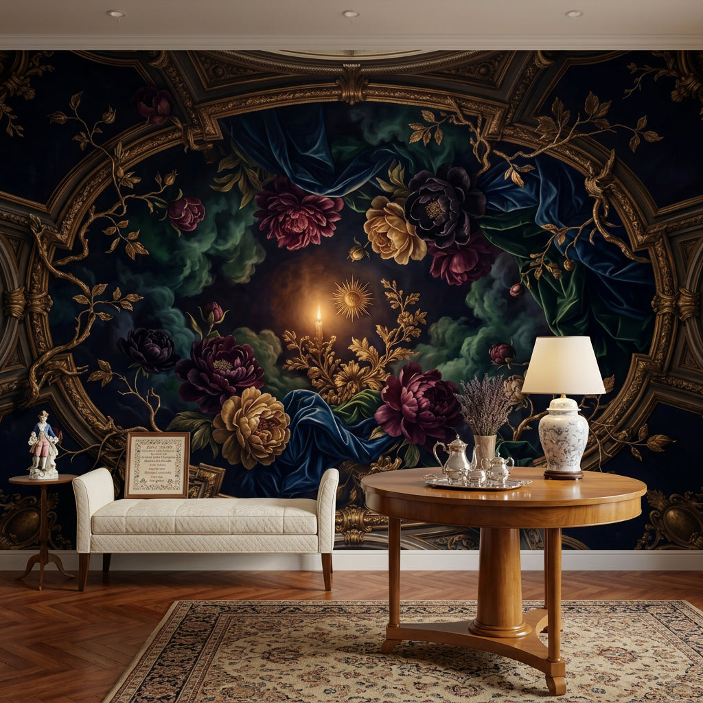Barok Çiçekli Poster Duvar Kağıdı Lacivert Altın Salon