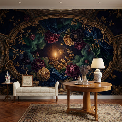 Barok Çiçekli Poster Duvar Kağıdı Lacivert Altın Salon