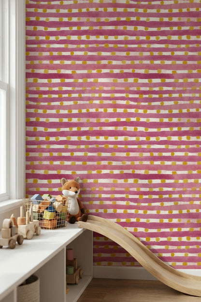 Pembe Çizgili Puantiyeli Duvar Kağıdı Modern Genç Odası