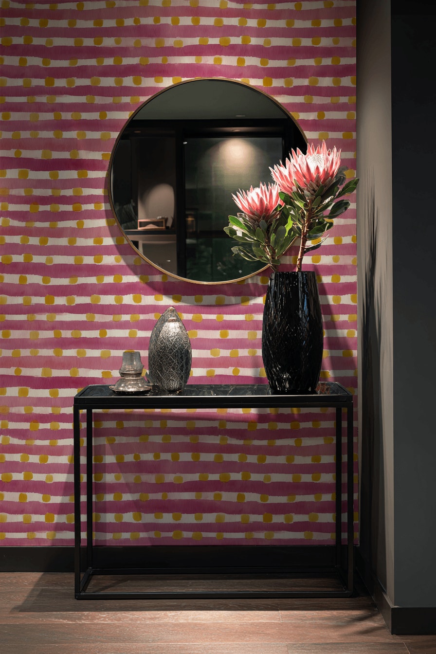 Pembe Çizgili Puantiyeli Duvar Kağıdı Modern Genç Odası
