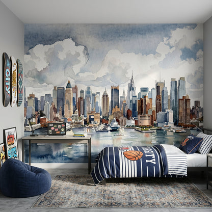 New York Silüeti Poster Duvar Kağıdı Suluboya Şehir Manzarası