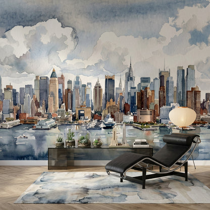 New York Silüeti Poster Duvar Kağıdı Suluboya Şehir Manzarası