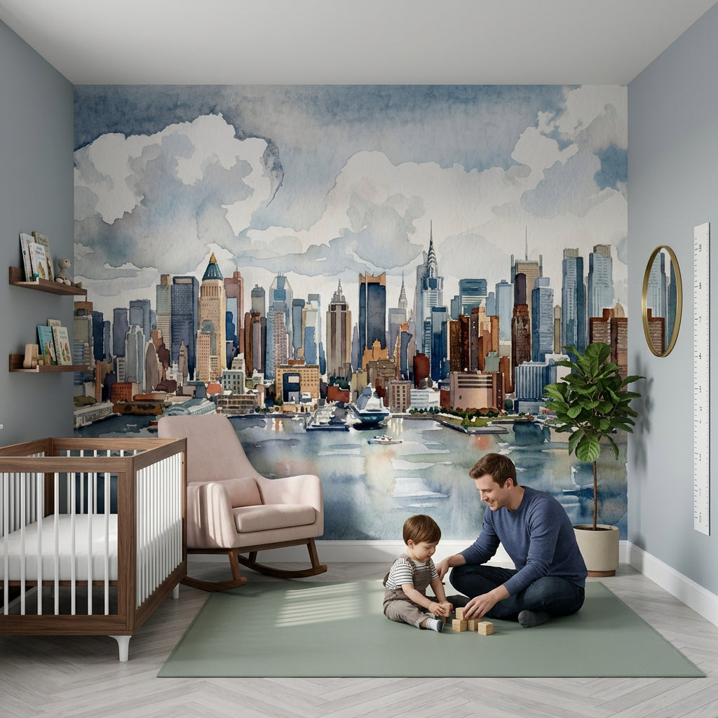 New York Silüeti Poster Duvar Kağıdı Suluboya Şehir Manzarası