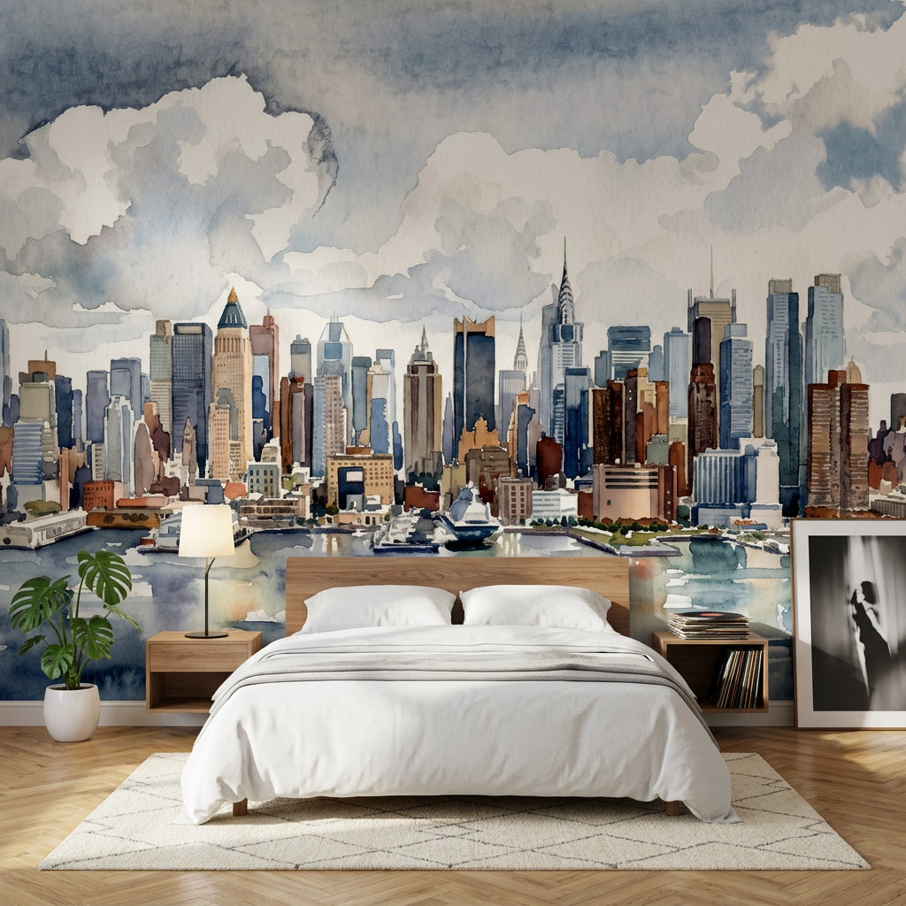 New York Silüeti Poster Duvar Kağıdı Suluboya Şehir Manzarası