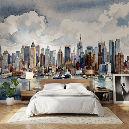 New York Silüeti Poster Duvar Kağıdı Suluboya Şehir Manzarası