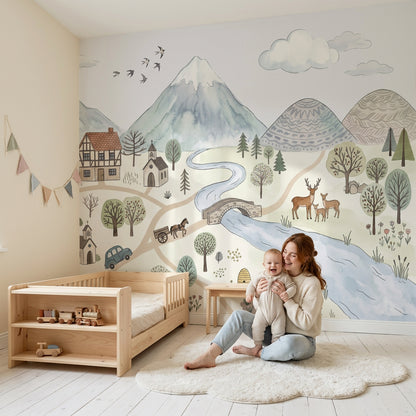 Masalsı Köy Manzaralı Poster Duvar Kağıdı Pastel Çocuk Odası
