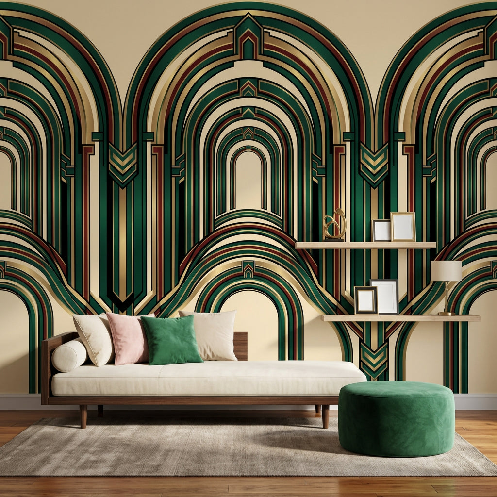 Art Deco Kemerli Poster Duvar Kağıdı Zümrüt Yeşil Salon