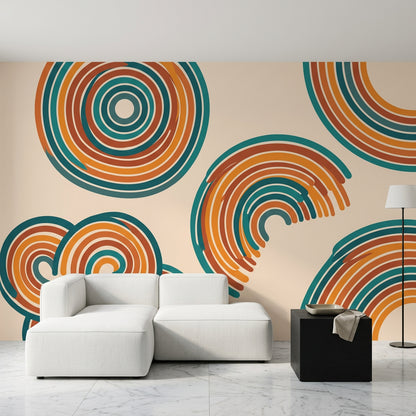 Retro Geometrik Daireli Poster Duvar Kağıdı Turuncu Petrol Salon