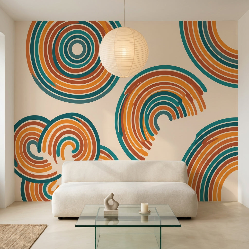 Retro Geometrik Daireli Poster Duvar Kağıdı Turuncu Petrol Salon