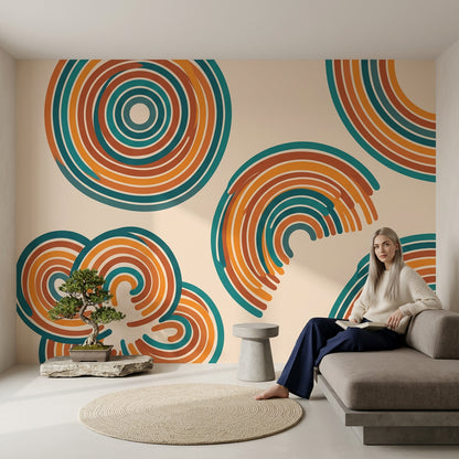 Retro Geometrik Daireli Poster Duvar Kağıdı Turuncu Petrol Salon