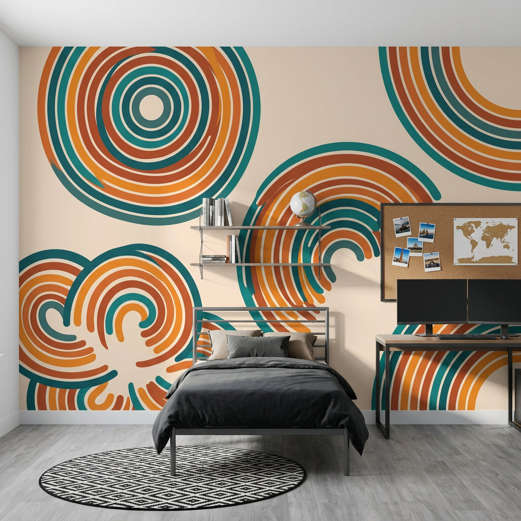 Retro Geometrik Daireli Poster Duvar Kağıdı Turuncu Petrol Salon