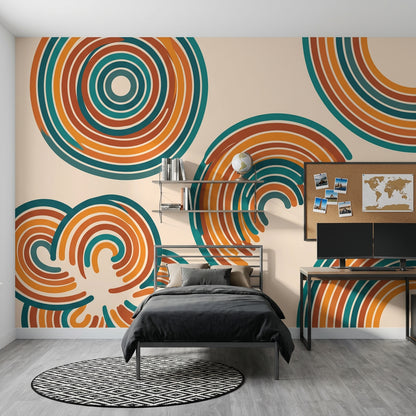 Retro Geometrik Daireli Poster Duvar Kağıdı Turuncu Petrol Salon