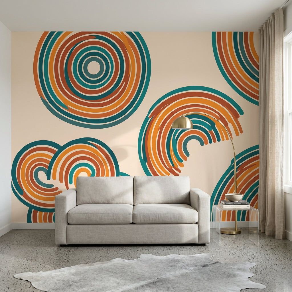 Retro Geometrik Daireli Poster Duvar Kağıdı Turuncu Petrol Salon