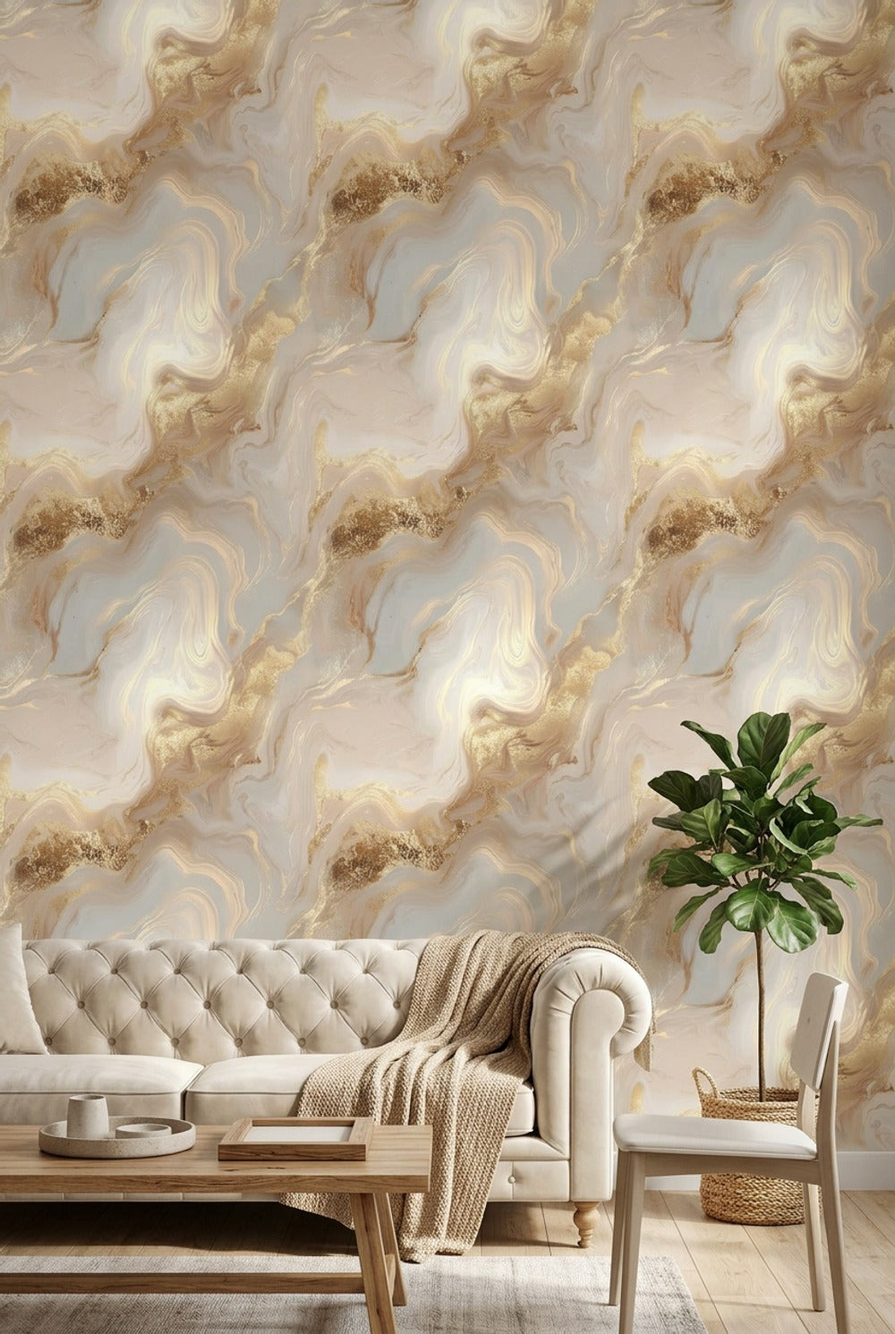 Bej Altın Mermer Desenli Duvar Kağıdı Modern Salon