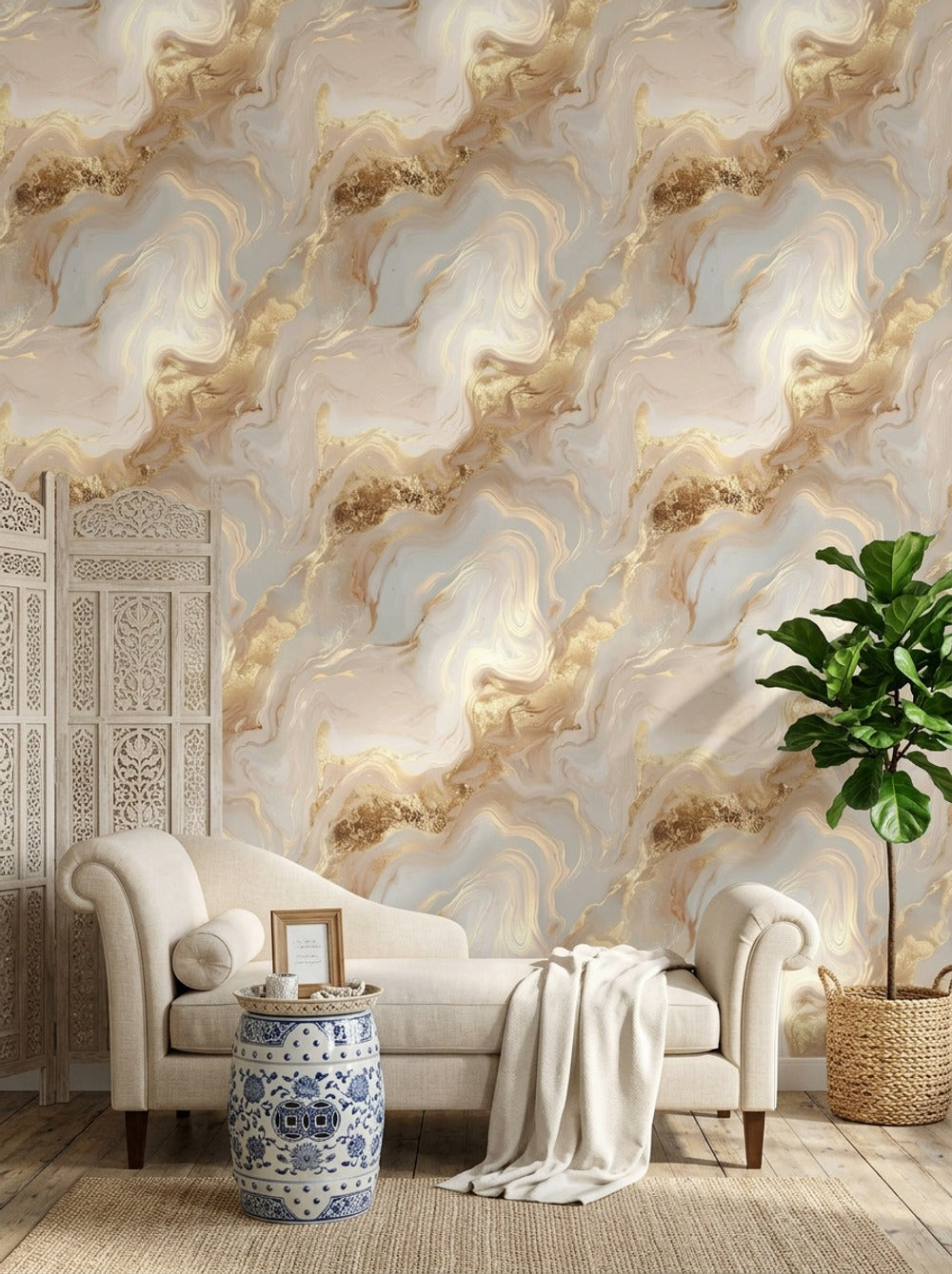 Bej Altın Mermer Desenli Duvar Kağıdı Modern Salon