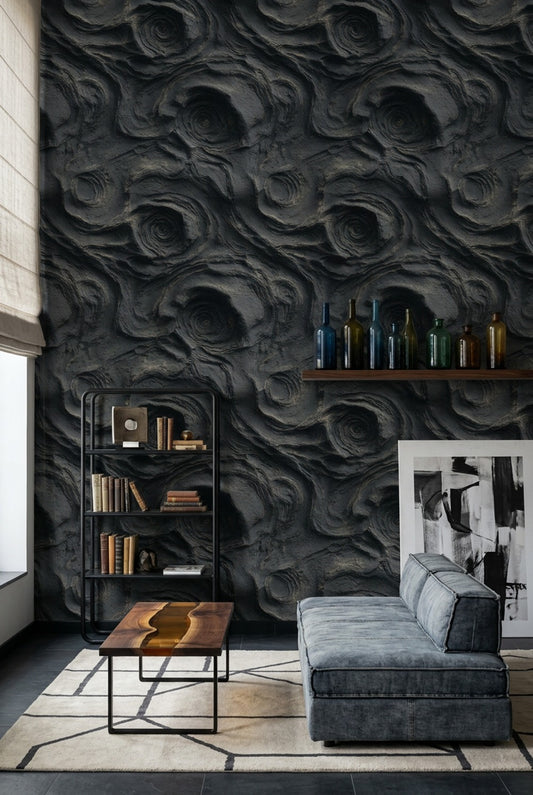 Koyu Taş Görünümlü Duvar Kağıdı Modern Soyut Desenli