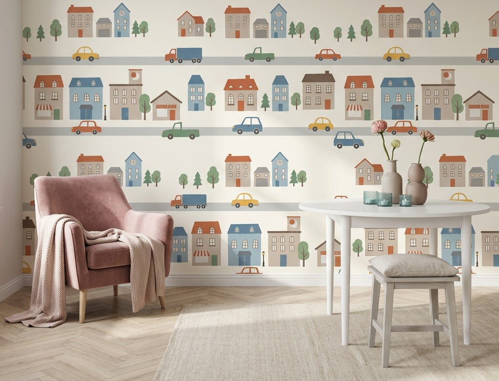 Şehir ve Arabalı Poster Duvar Kağıdı Çocuk Odası Pastel