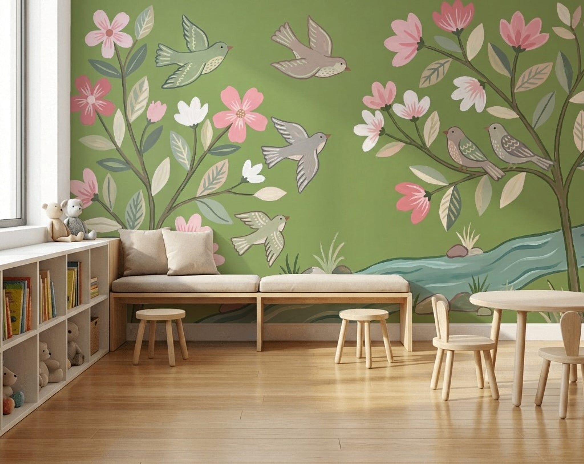 Kuş ve Çiçek Desenli Poster Duvar Kağıdı Yeşil Salon