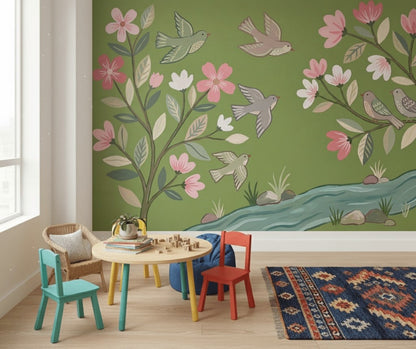 Kuş ve Çiçek Desenli Poster Duvar Kağıdı Yeşil Salon