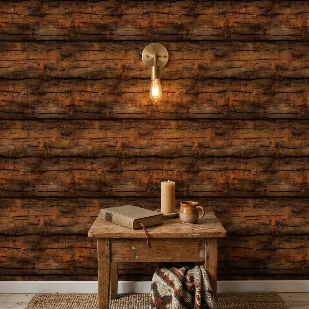 Ahşap Kütük Desenli Duvar Kağıdı Kahverengi Rustik Salon
