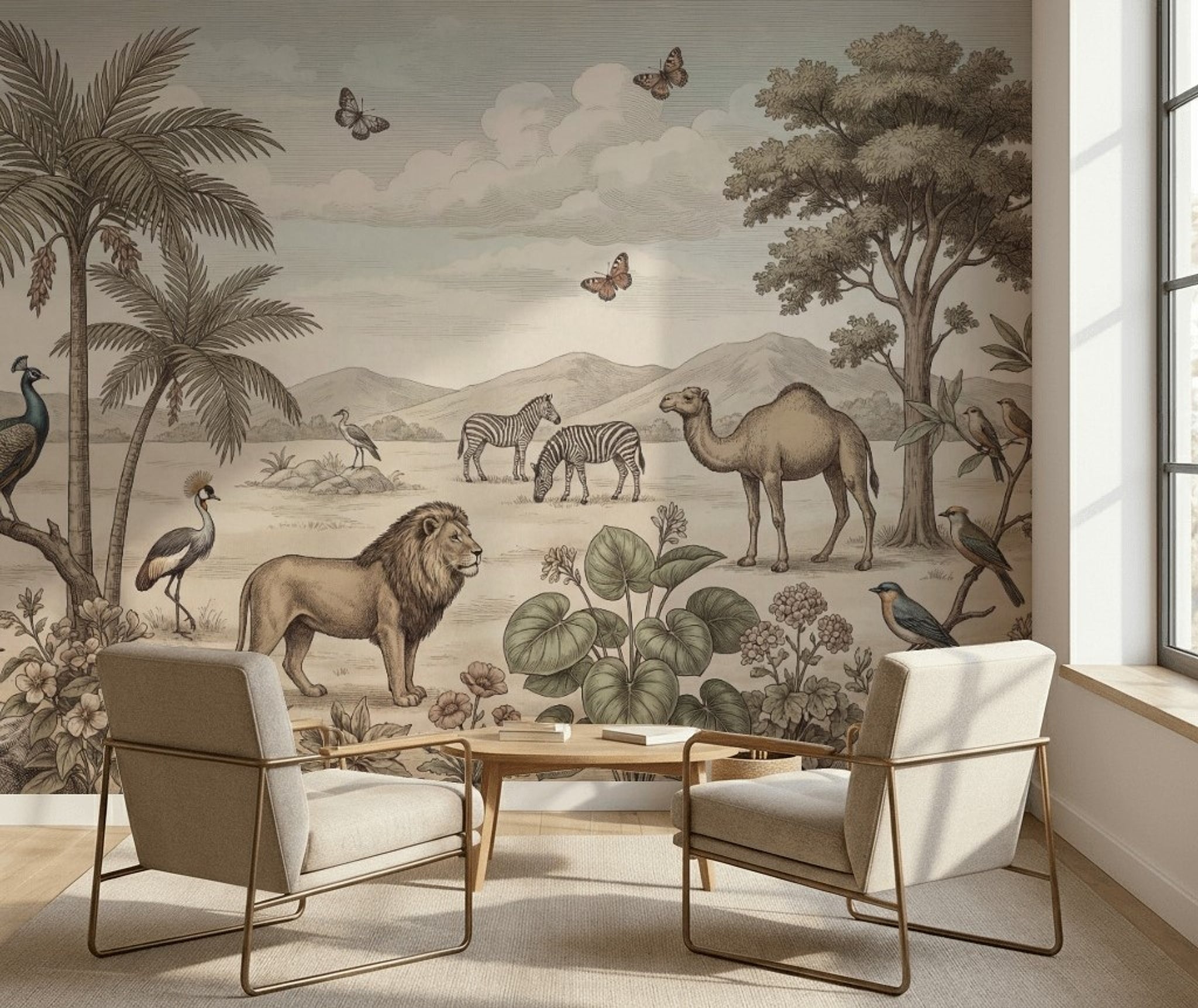 Safari Hayvanlı Poster Duvar Kağıdı Bej Yeşil Klasik Salon
