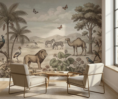 Safari Hayvanlı Poster Duvar Kağıdı Bej Yeşil Klasik Salon
