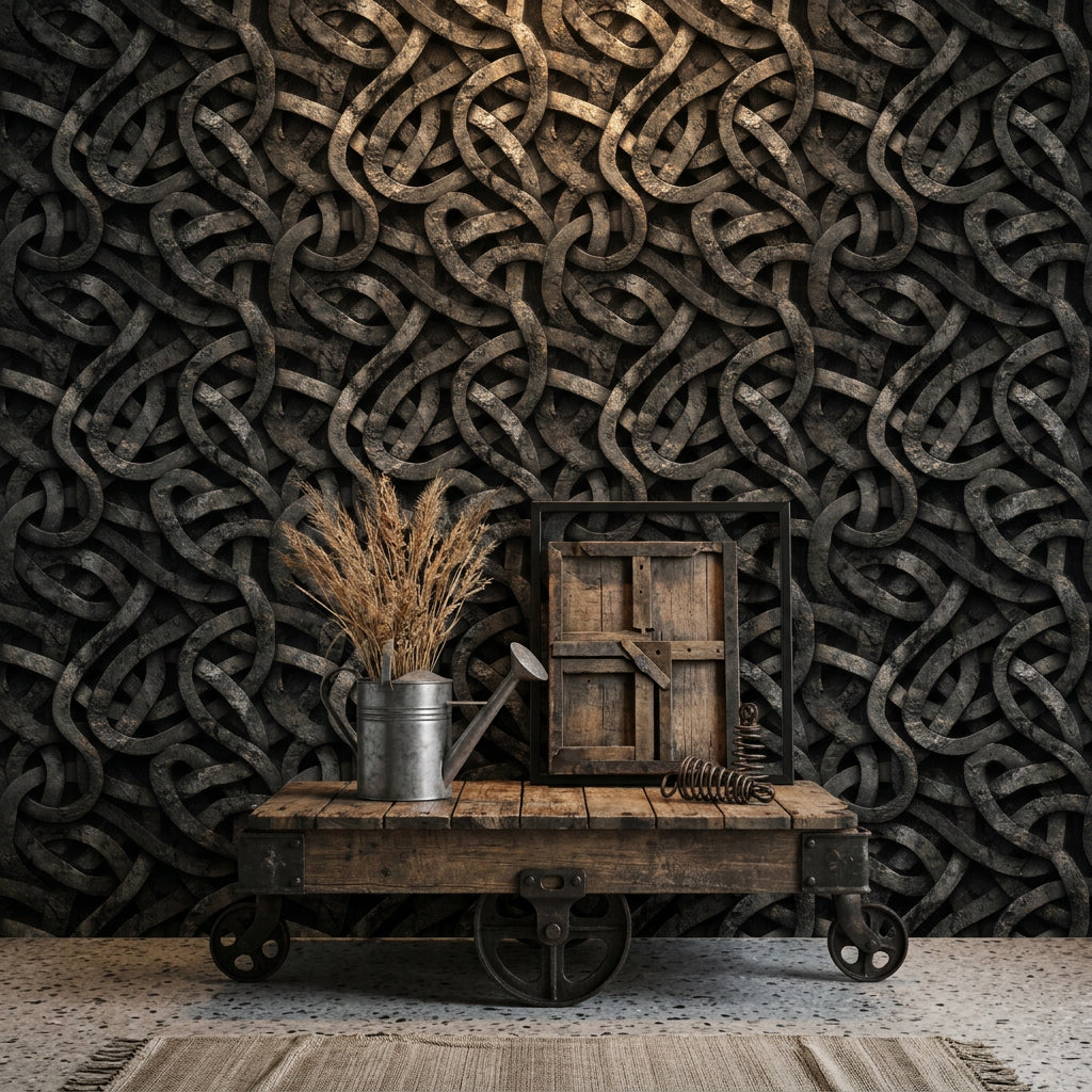 Düğümlü Geometrik Duvar Kağıdı Siyah Bronz Modern Salon