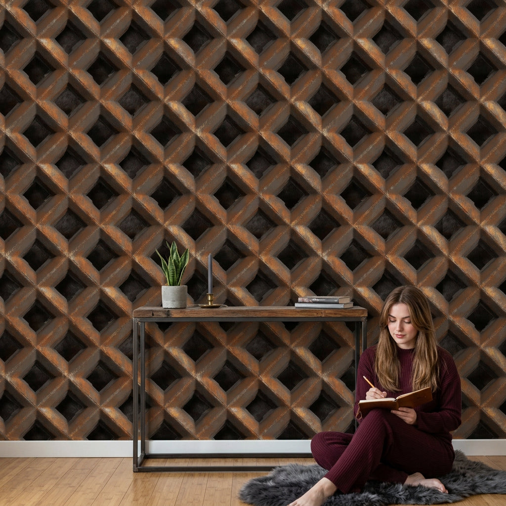 Geometrik Örgü Desenli Duvar Kağıdı Kahverengi Endüstriyel Salon