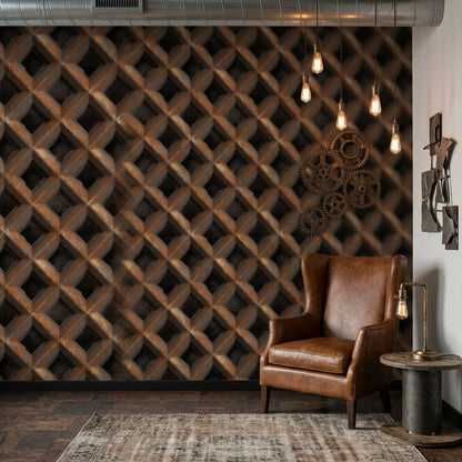 Geometrik Örgü Desenli Duvar Kağıdı Kahverengi Endüstriyel Salon